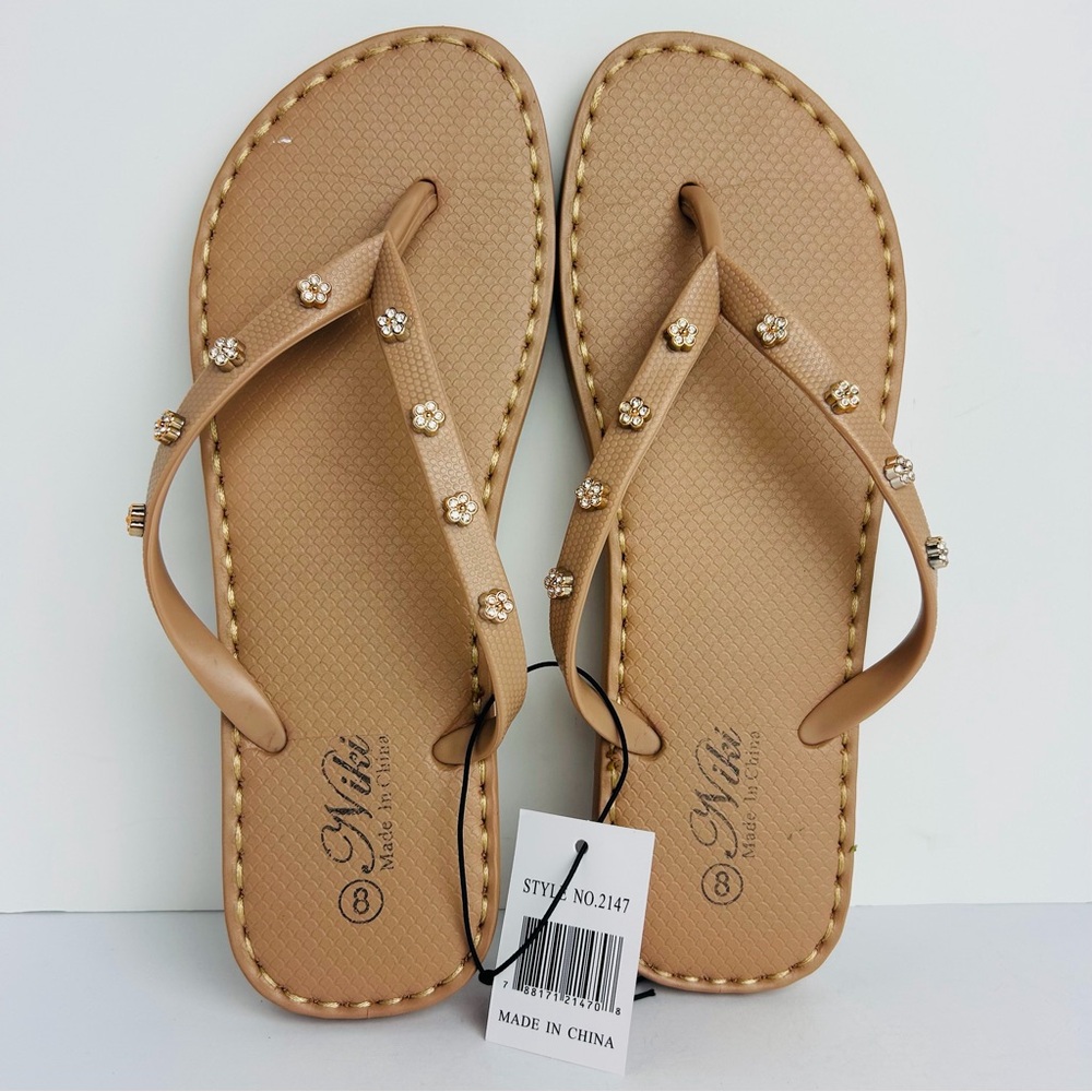 NWT Flip Flops Women's 8 Tan Rose Gold Rhinestone Cushion Rubber Sole Sandals